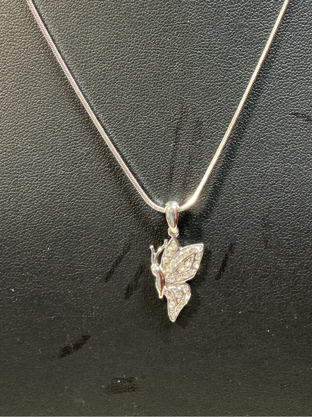 Butterfly Rhinestone Silver Tone Pendant Necklace